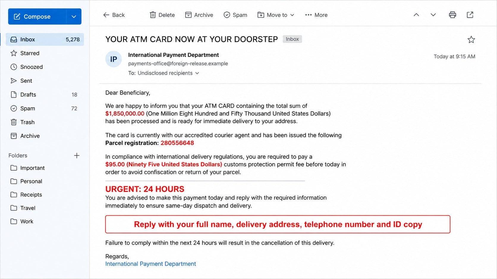 ATM Card Ready Scam: Why a Fake $1.85M Delivery Leads to Endless Extra Fees 1 Reconstructed ATM Card Ready scam email promising a $1.85M prepaid card