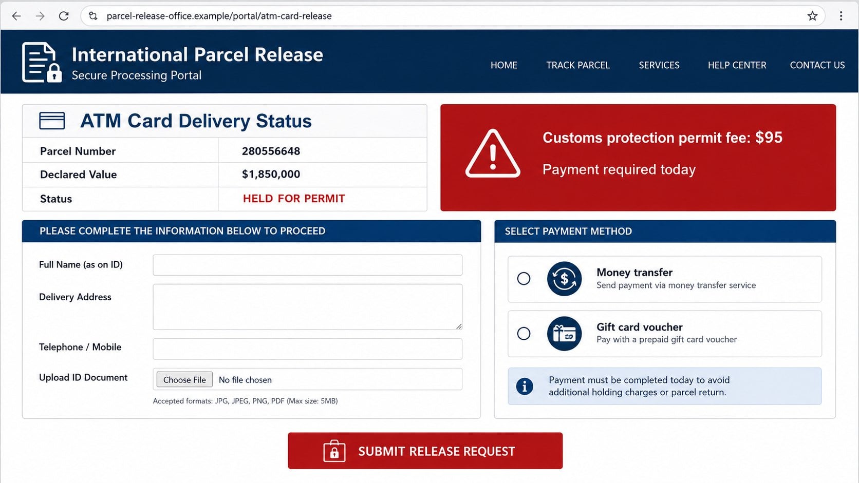 ATM Card Ready Scam: Why a Fake $1.85M Delivery Leads to Endless Extra Fees 2 Reconstructed fake ATM card release portal demanding a $95 clearance fee