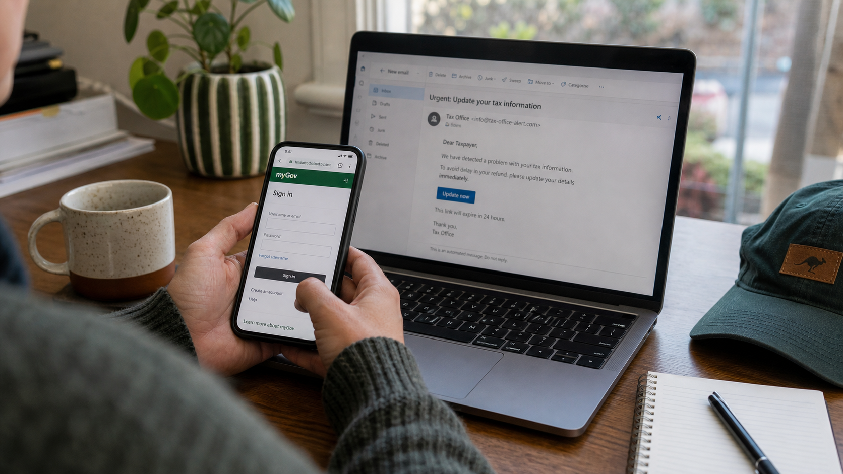 Australian taxpayer checking a suspicious tax email by opening myGov independently instead of clicking the message
