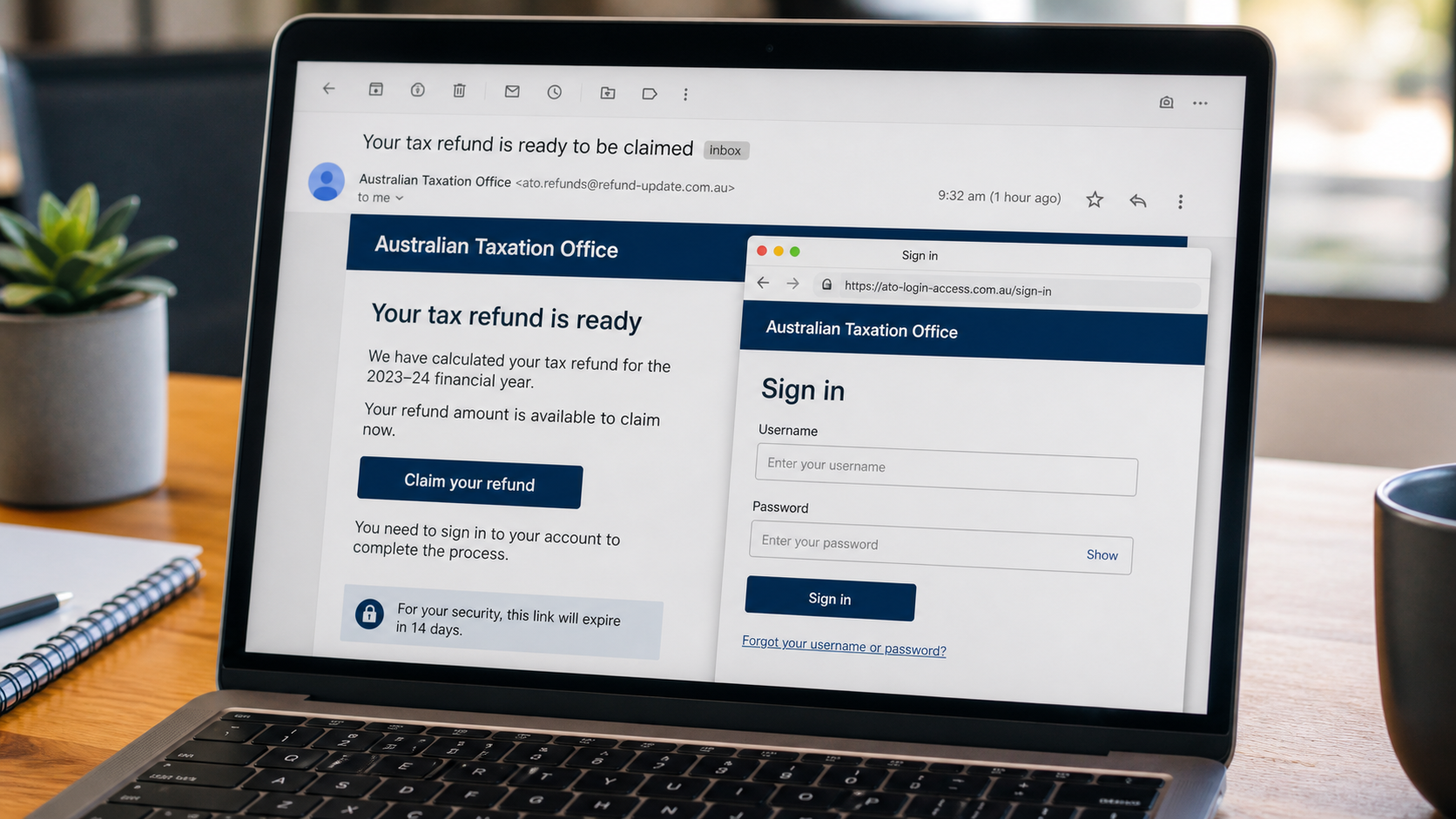 Realistic ATO scam email offering a tax refund and linking to a fake myGov sign-in page