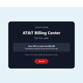 Reconstructed AT&T 50% discount scam call offering a fake loyalty promotion