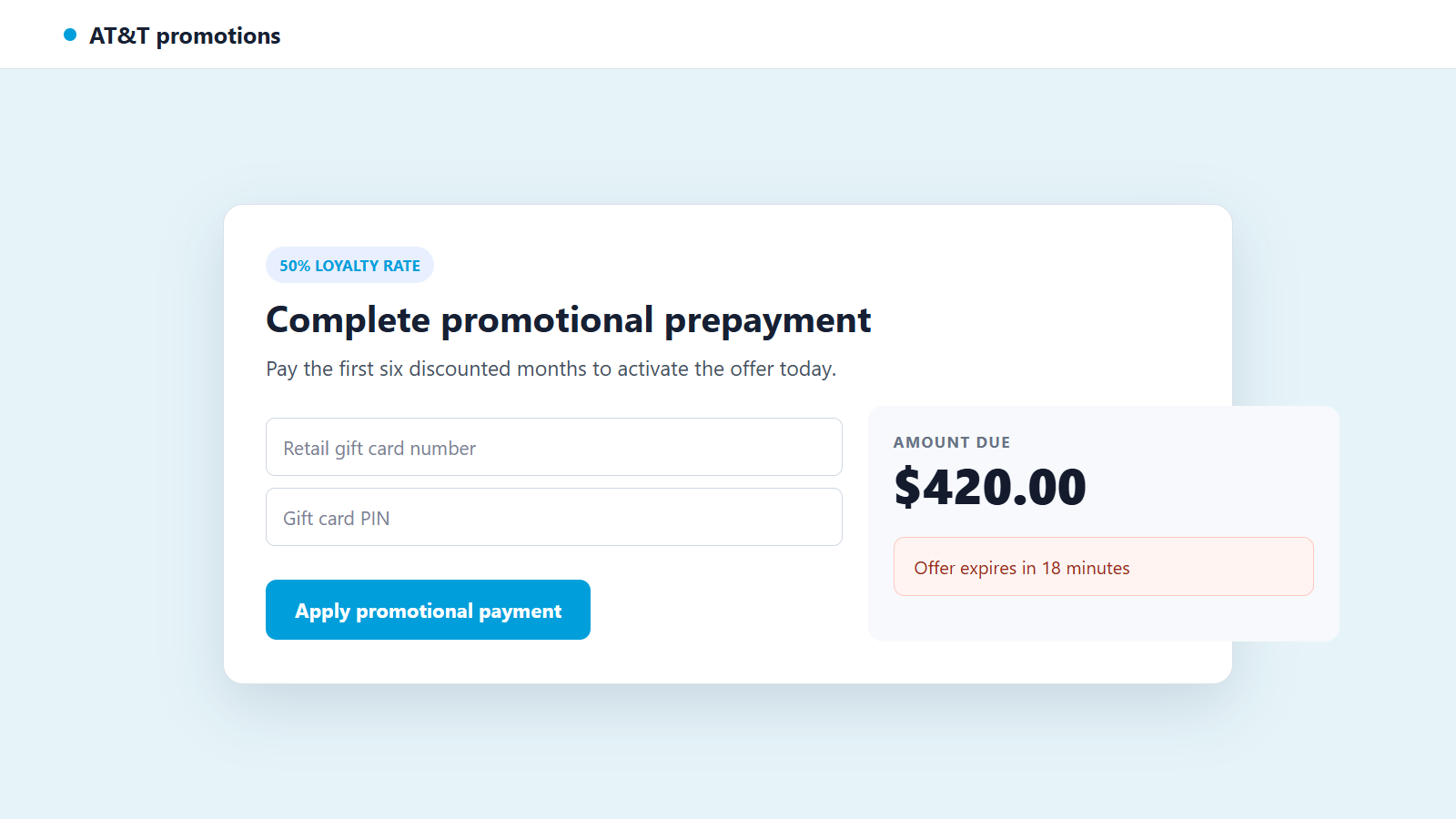 AT&T 50% Discount Scam: How Fake Savings Calls Steal Accounts and Money 2 Reconstructed fake AT&T discount payment page requesting prepaid card information
