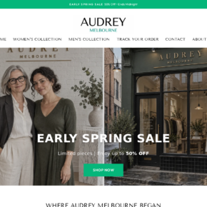 Audrey Melbourne homepage showing boutique imagery and an early spring sale ending at midnight