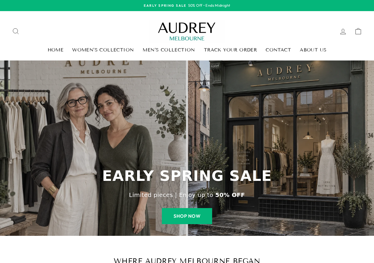 Audrey Melbourne homepage showing boutique imagery and an early spring sale ending at midnight
