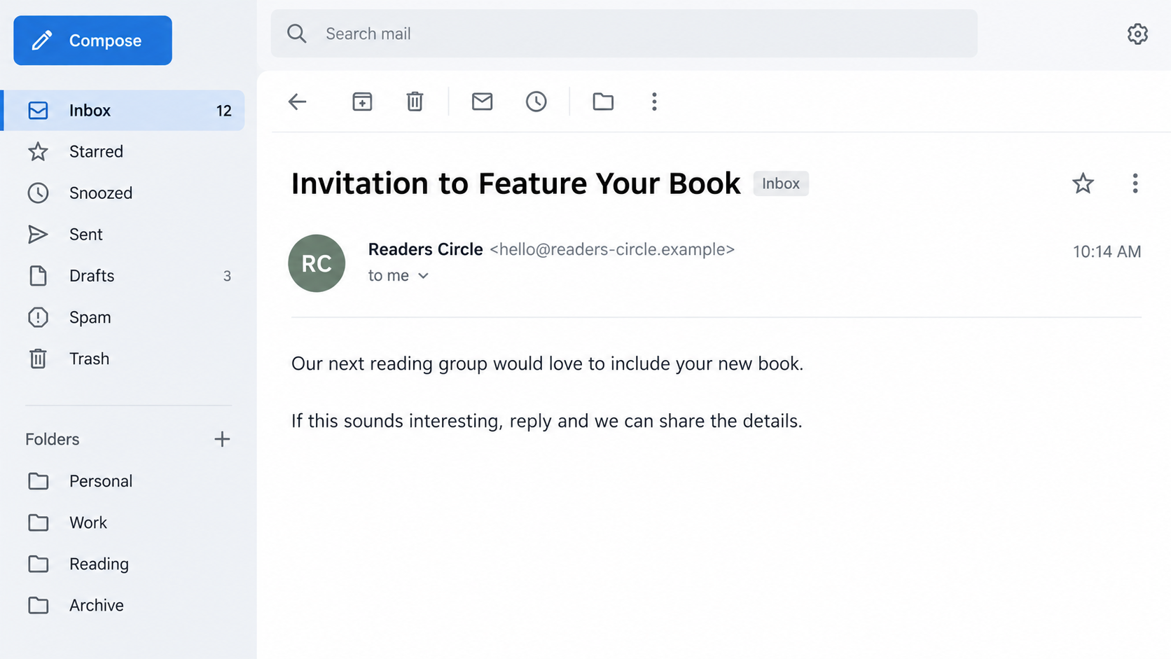 Illustrative email inviting an author to feature a book in a fictional reading group