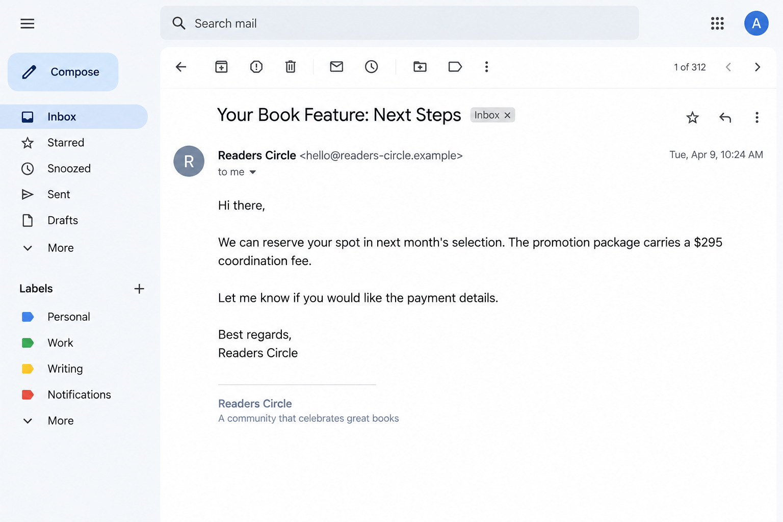 Illustrative follow-up email introducing a fictional $295 coordination fee for a book feature