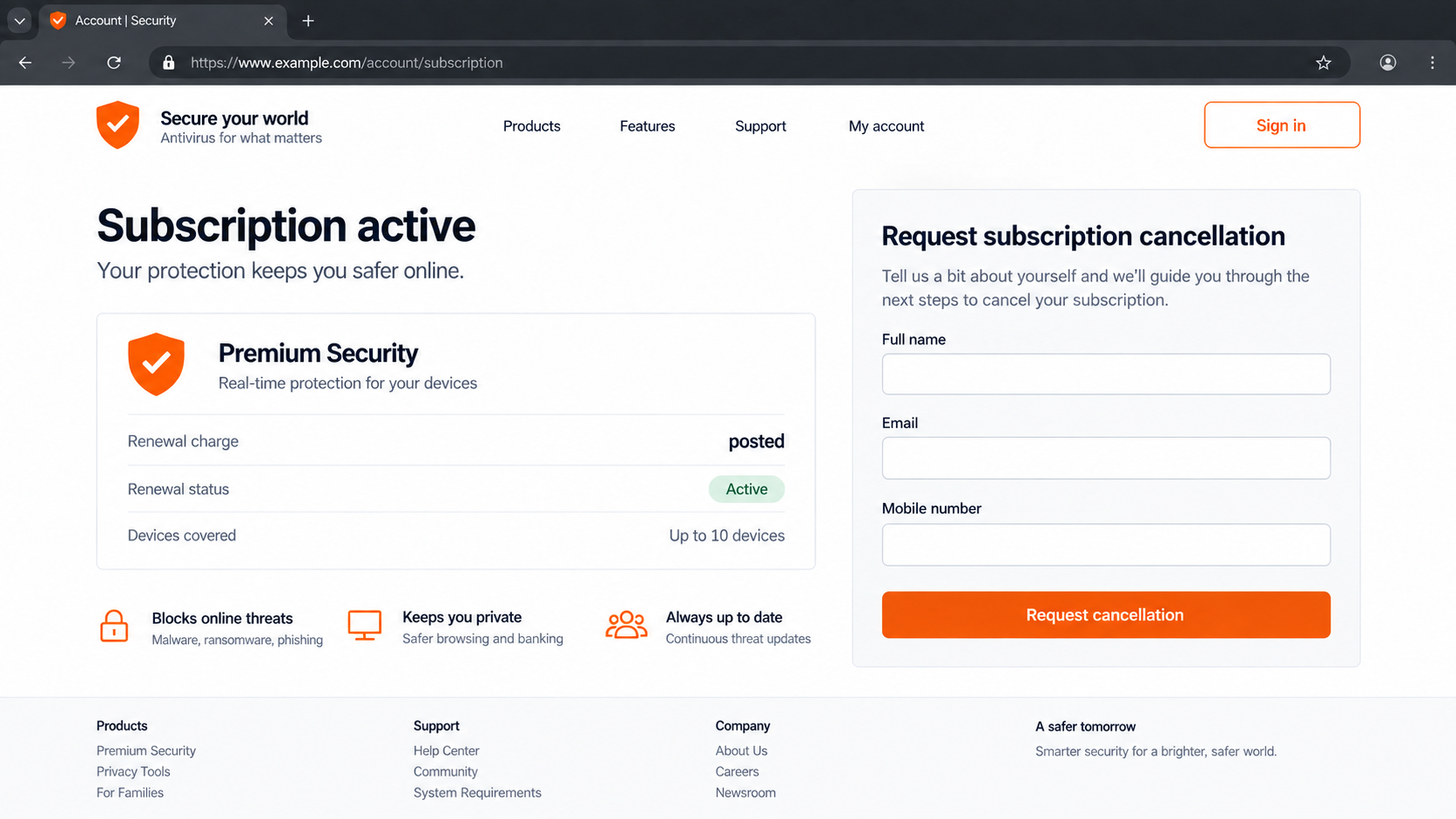 Illustrative unfinished antivirus cancellation page requesting name email and mobile number
