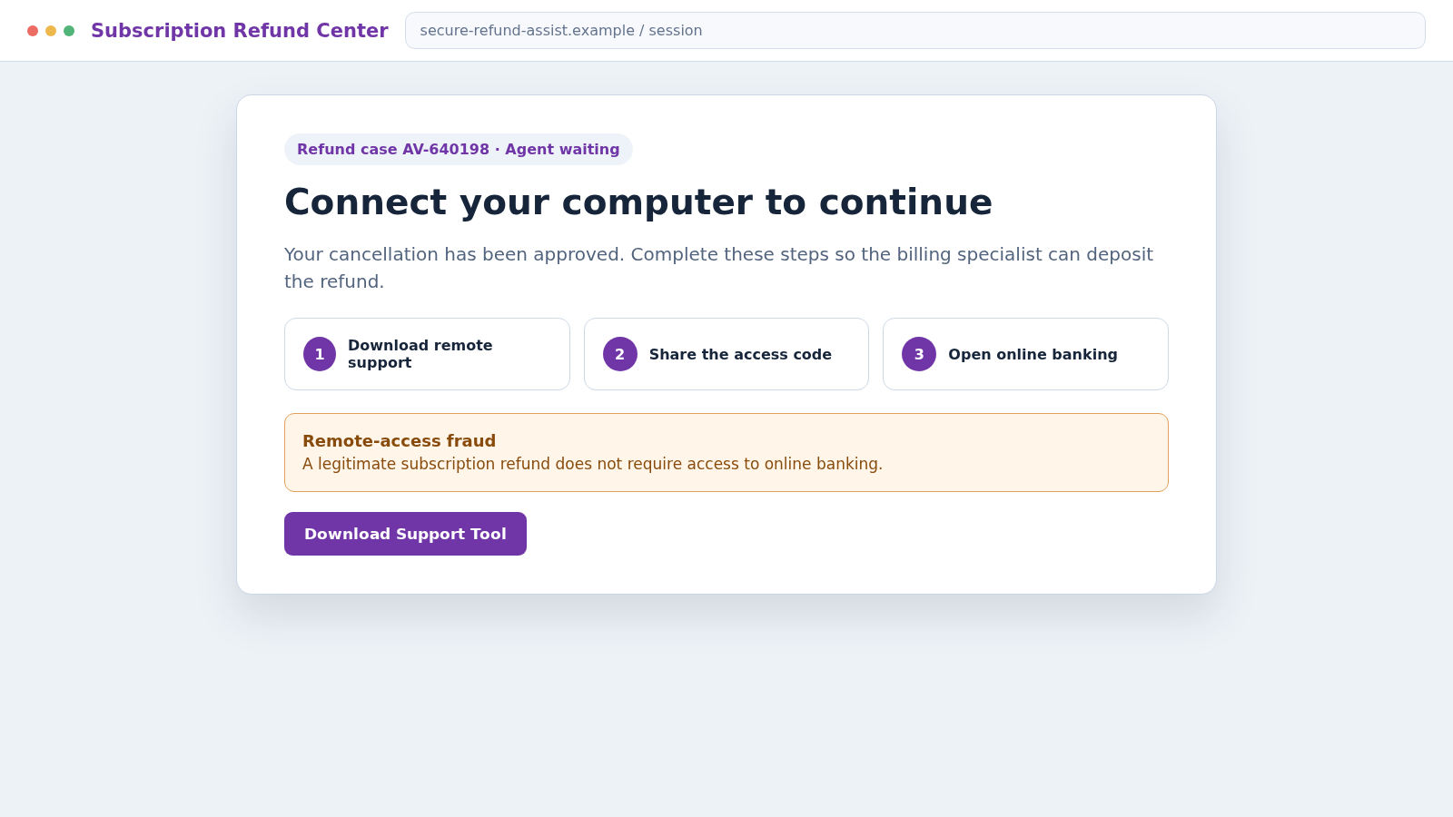 Reconstructed fake Avast refund support page requesting remote computer access