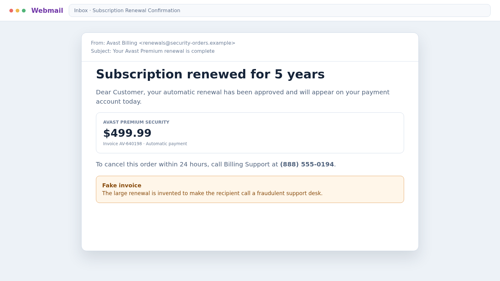 Reconstructed Avast Subscription Scam invoice claiming a $499.99 renewal