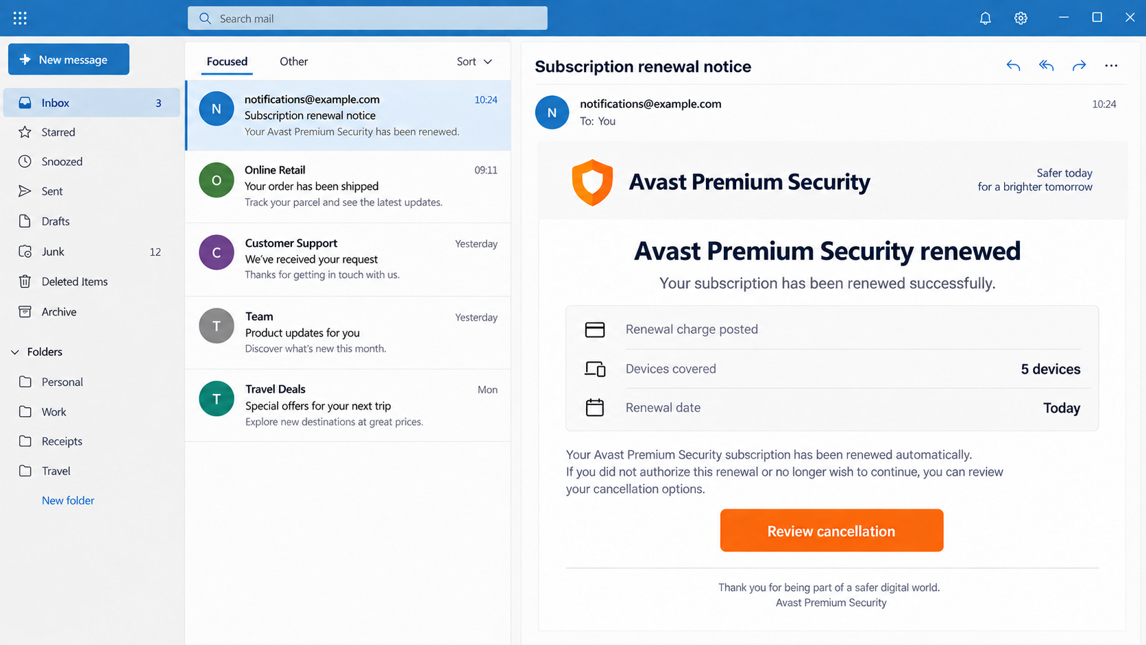 Illustrative fake Avast renewal email pointing toward a cancellation request