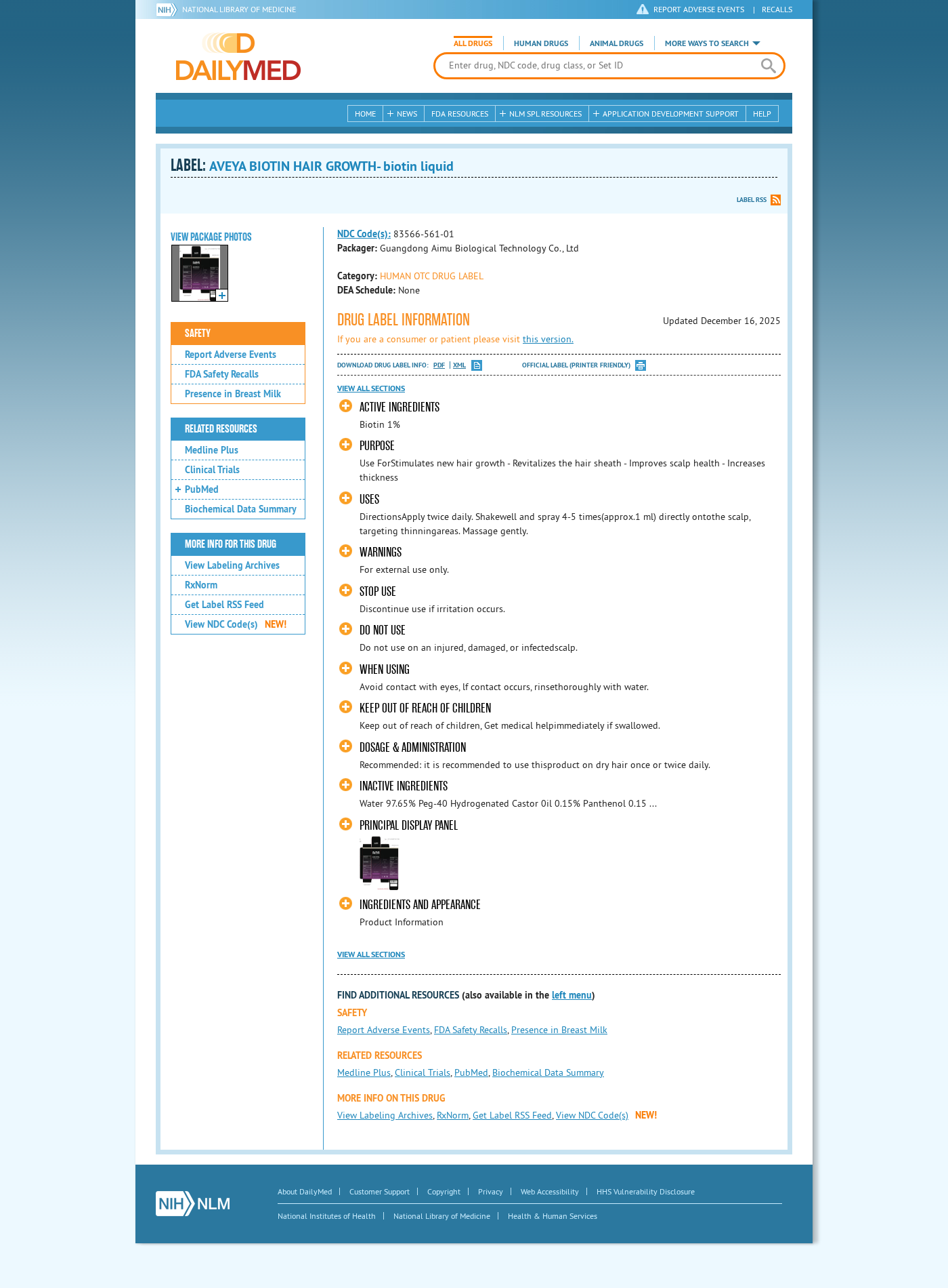 DailyMed label page identifying Aveya Biotin Hair Growth Spray and its Chinese manufacturer