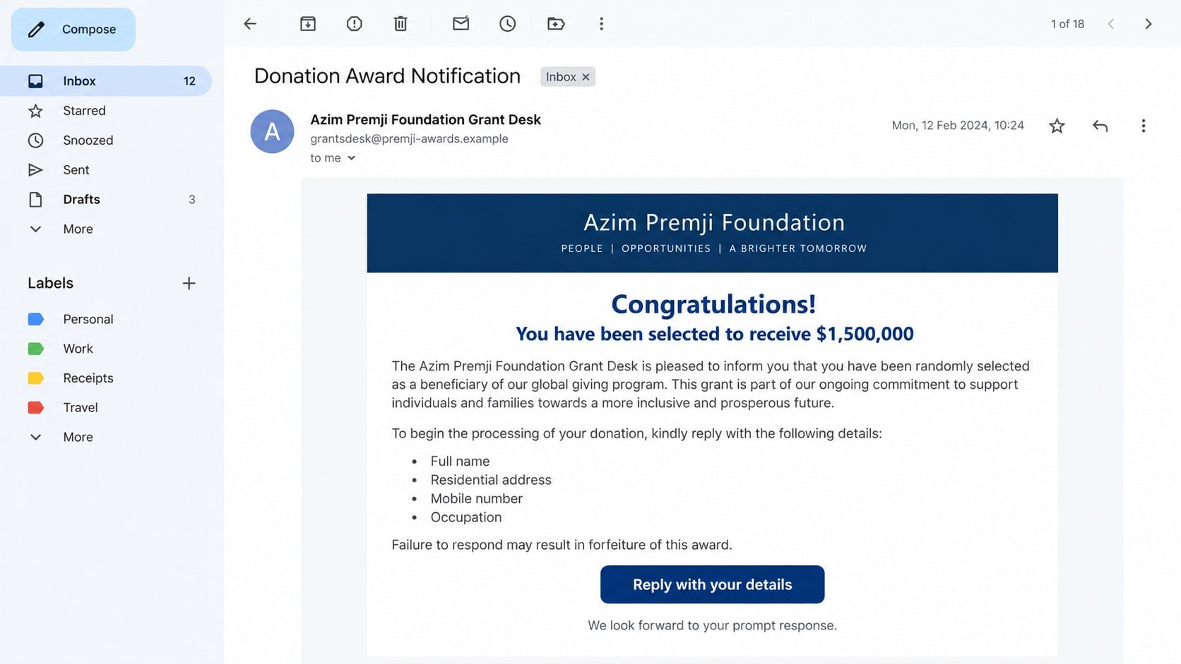 Reconstructed Azim Premji Foundation donation scam email promising a fake $1,500,000 grant