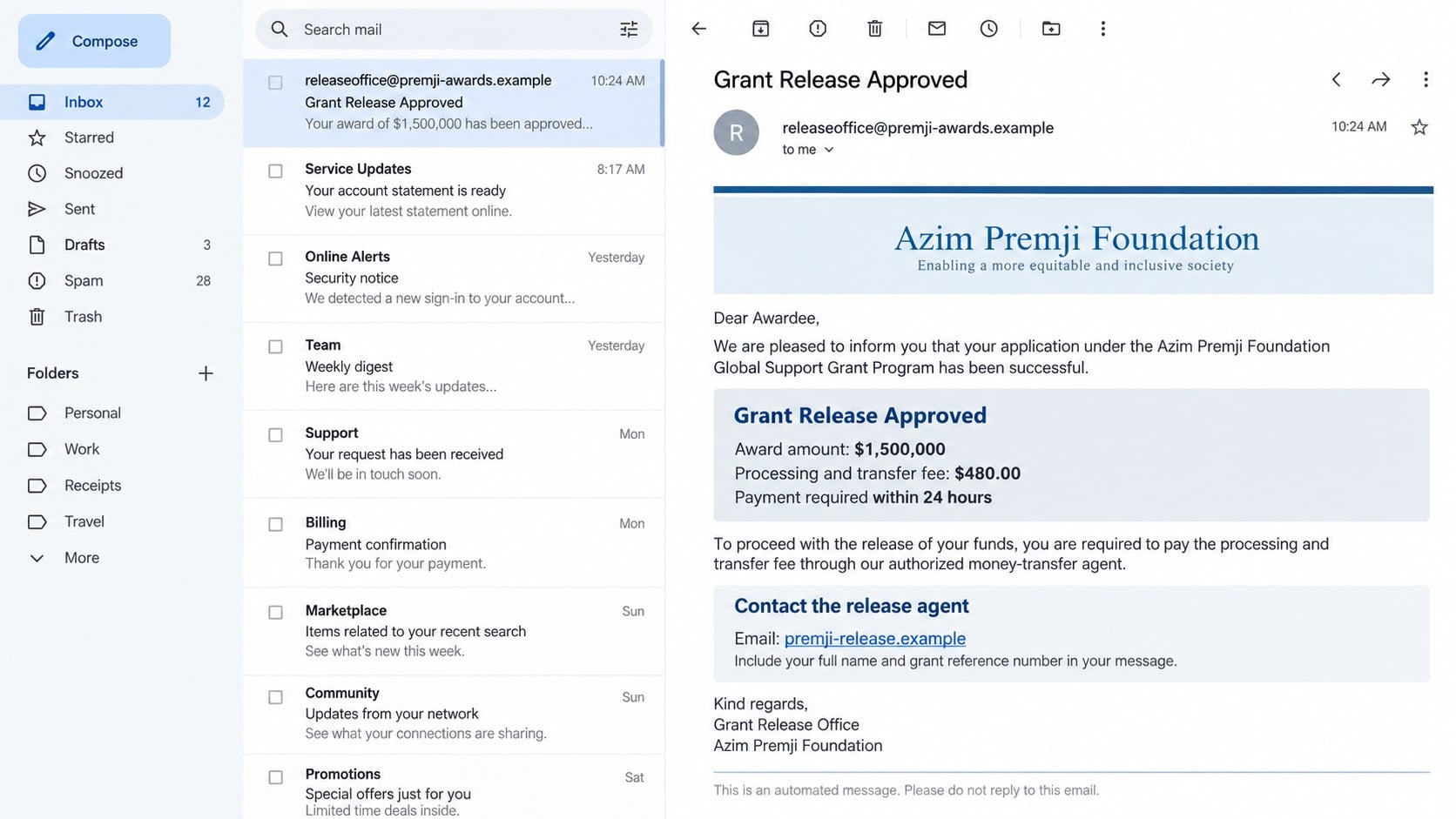 Reconstructed Azim Premji Foundation grant release email demanding a fake $480 fee