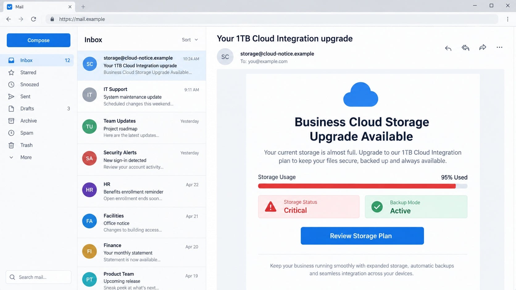 Illustrative corporate cloud storage email claiming 95% usage and offering a plan review