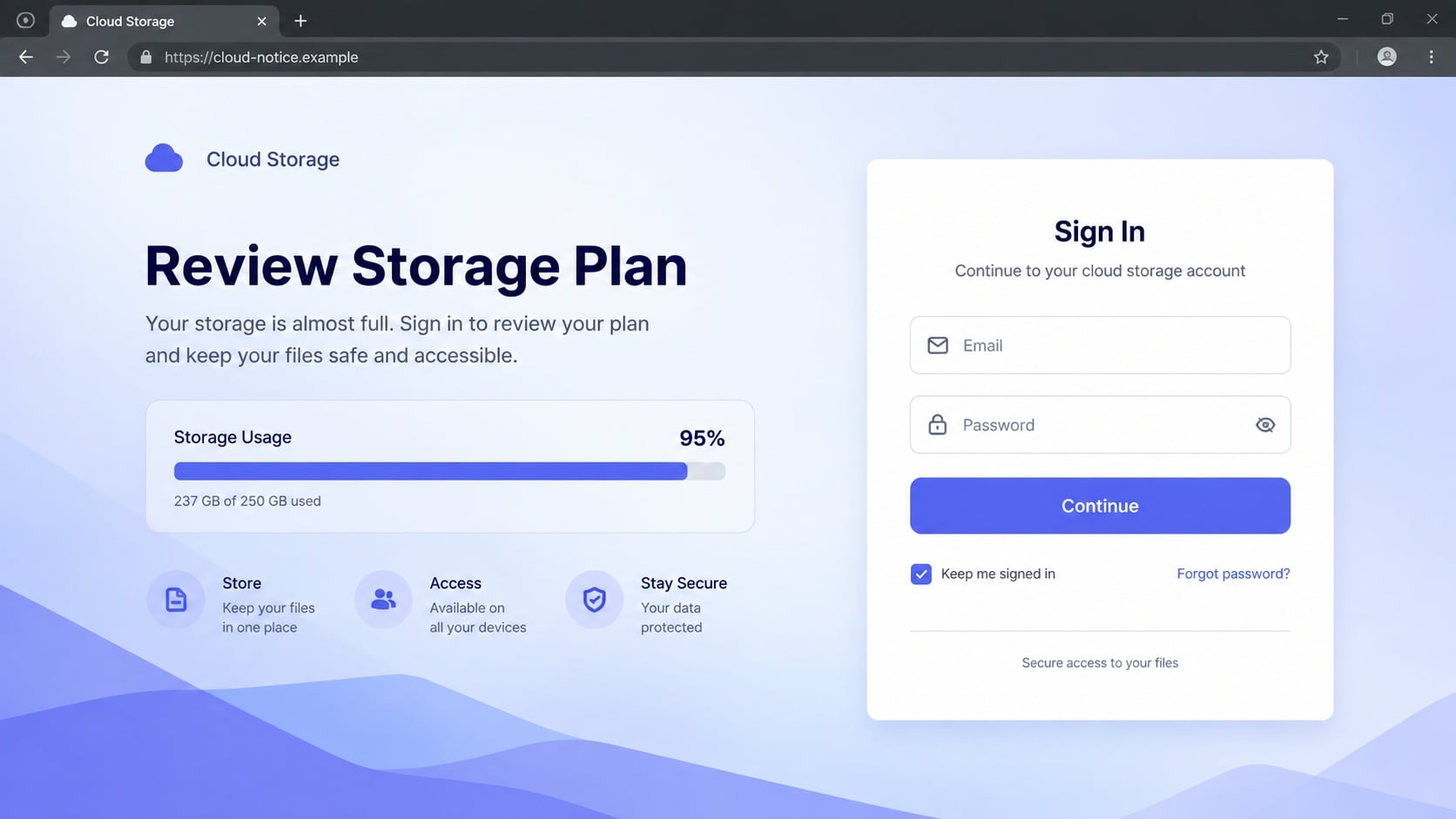 Illustrative possible cloud plan login trap using a storage warning as its pretext