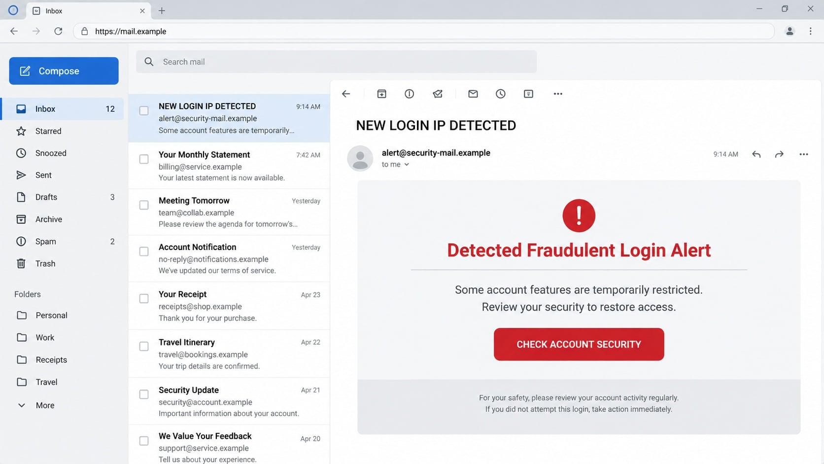 Illustrative fraudulent login alert email with a Check Account Security button