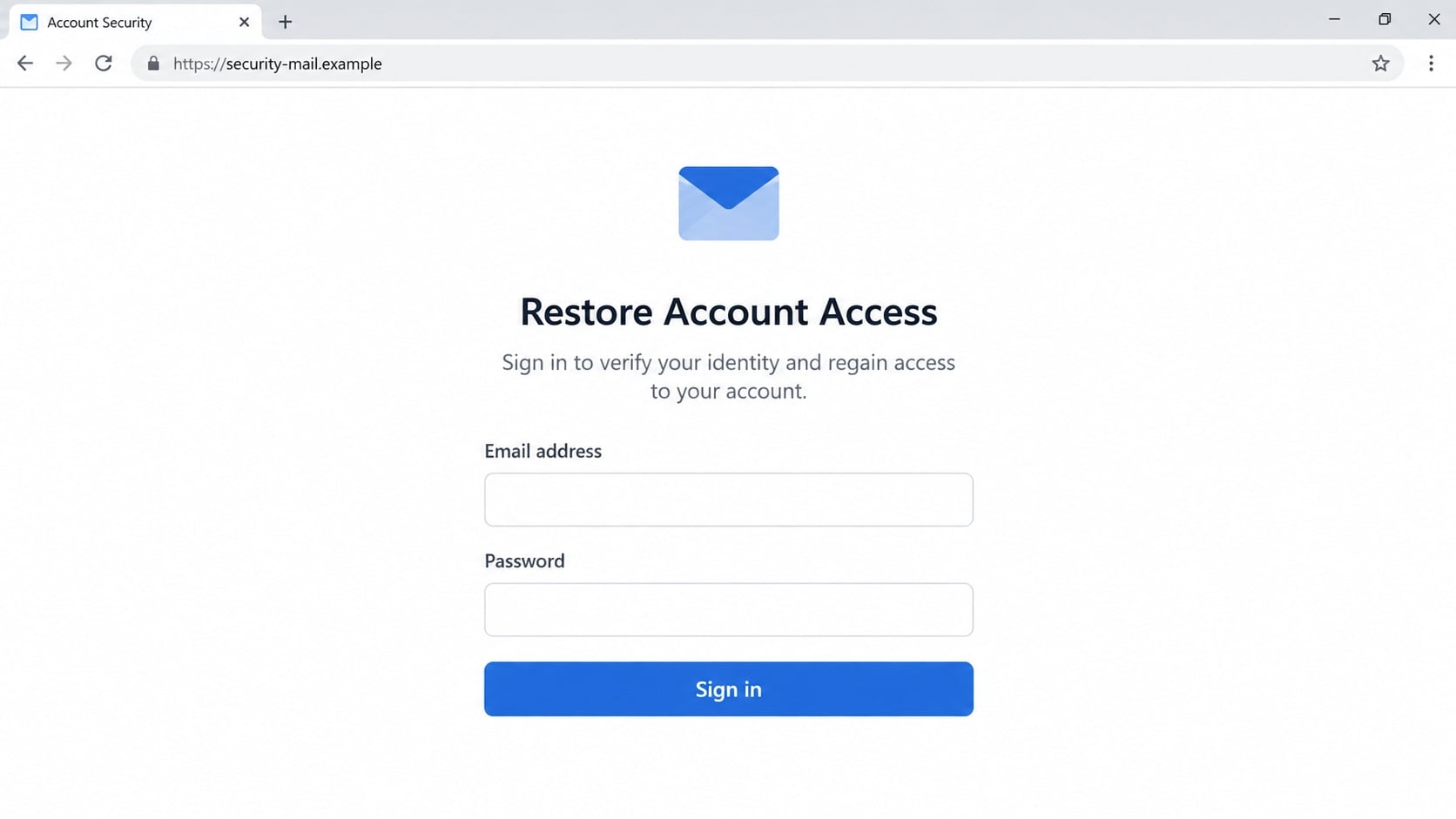 Illustrative fake account restoration form asking for mailbox credentials