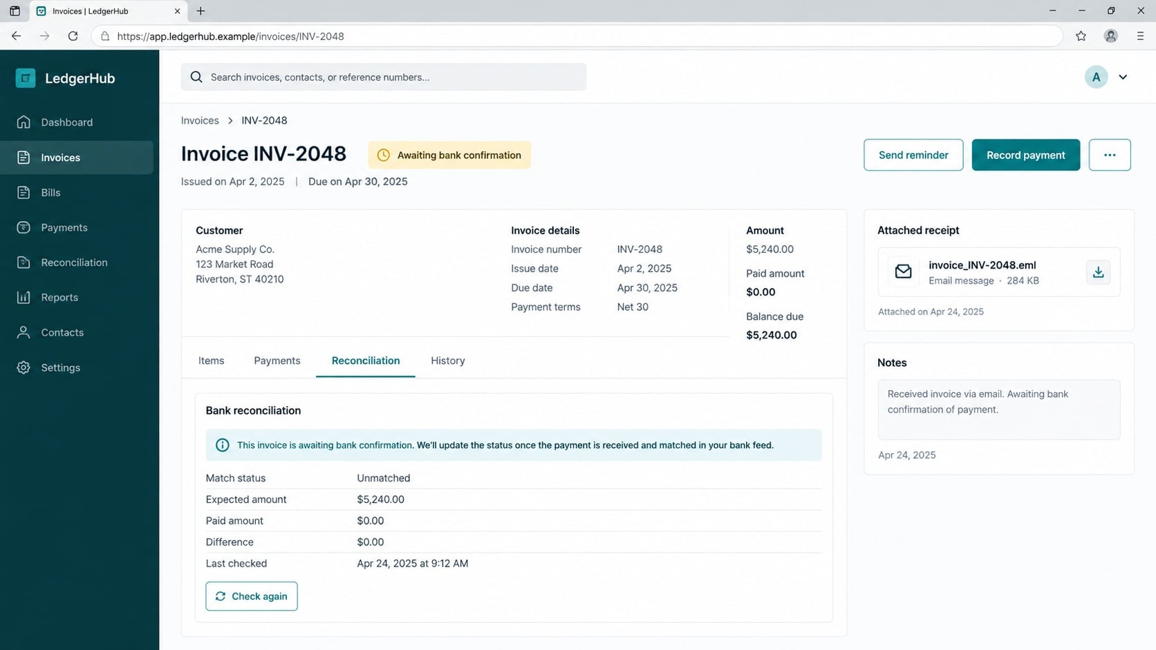 Illustrative invoice reconciliation screen awaiting independent bank confirmation