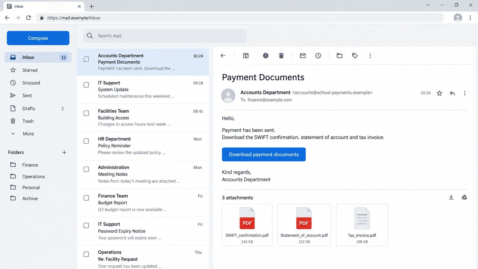 Illustrative Payment Documents email offering a transfer confirmation and tax invoice
