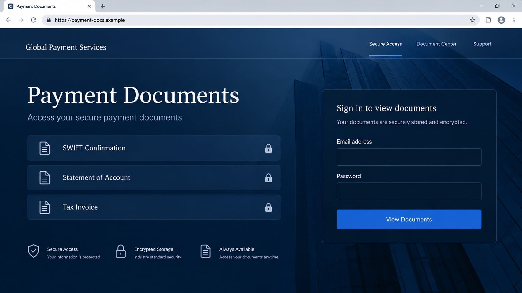 Illustrative payment document portal requesting an email password before viewing files