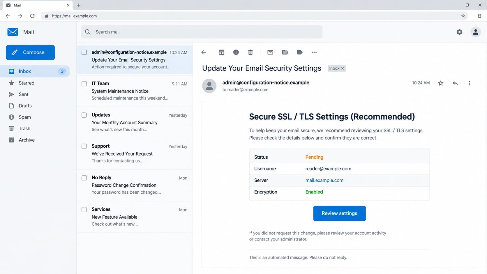 Illustrative SSL TLS settings email warning of a required mailbox configuration change