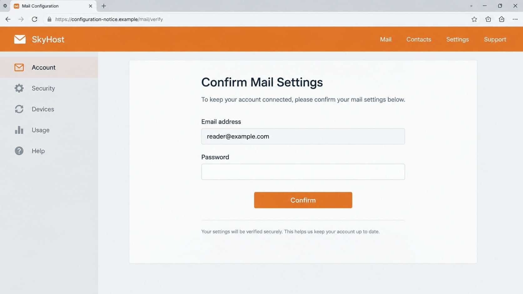 Illustrative possible fake mail settings confirmation page requesting a password