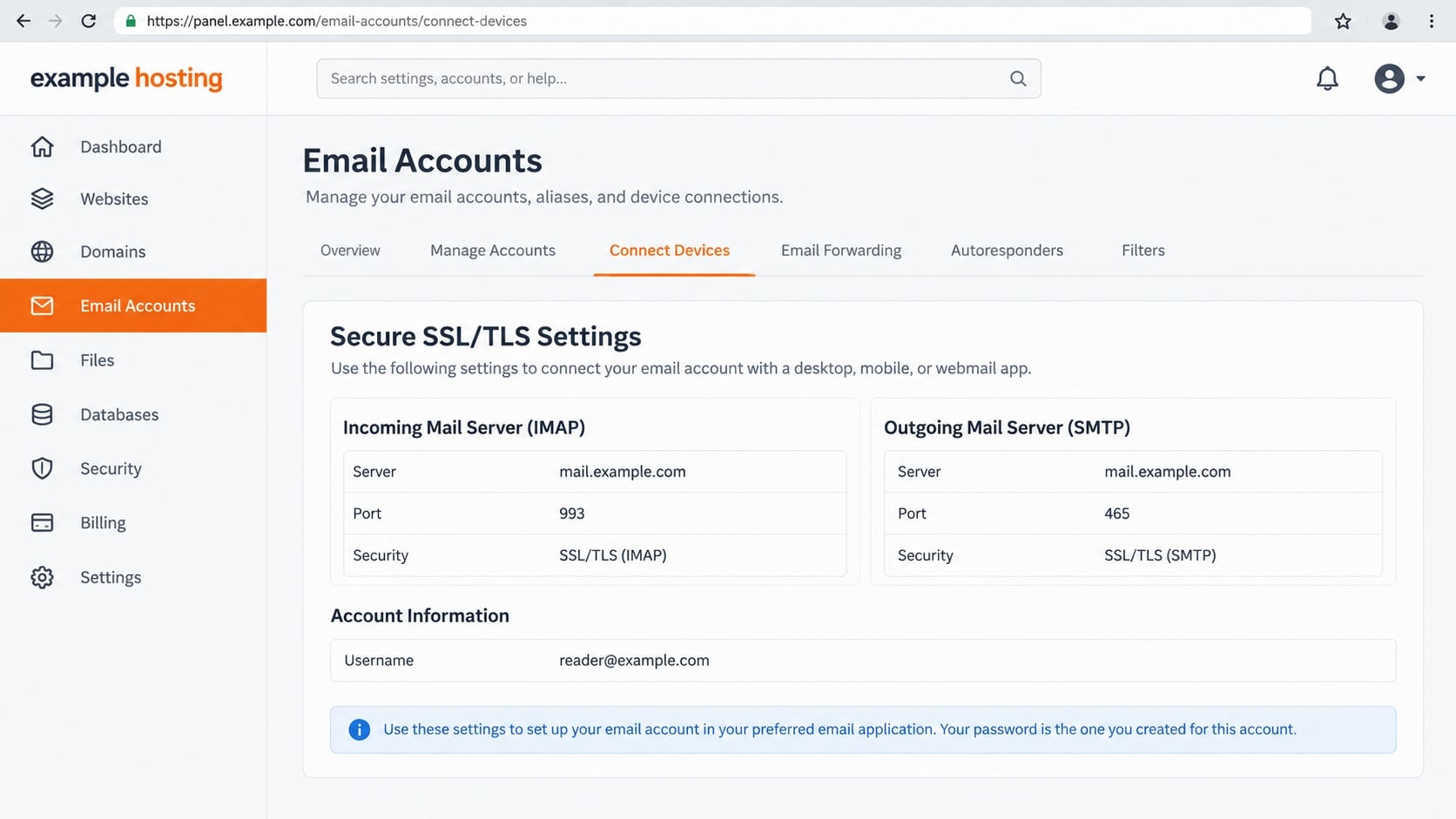 Illustrative hosting mail-client settings page with fictional server and encrypted connection values