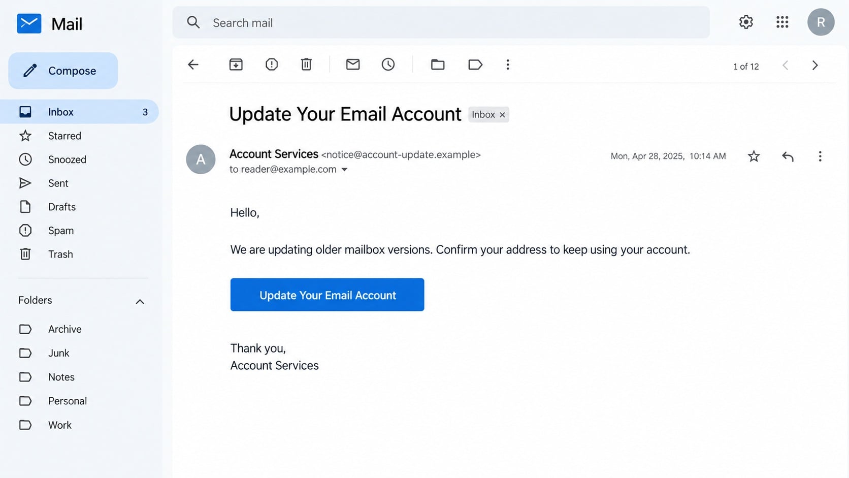 Illustrative Update Your Email Account message threatening mailbox deactivation