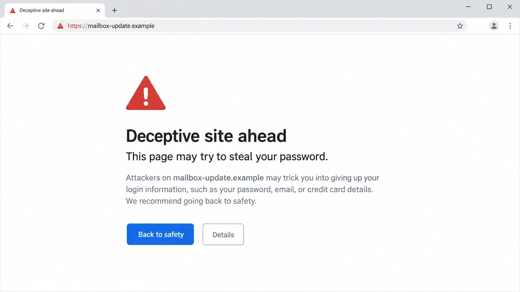 Illustrative browser deceptive-site warning for a mailbox update destination