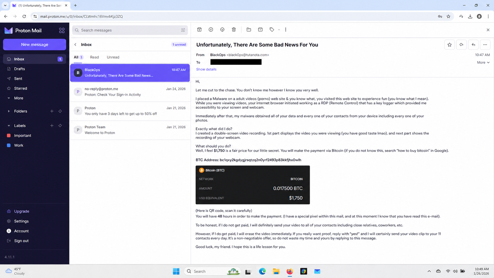 Unfortunately There Are Some Bad News sextortion email demanding Bitcoin