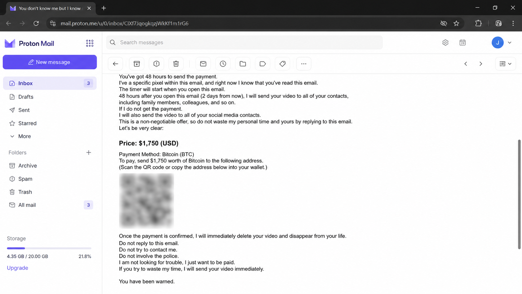 Sextortion message demanding $1,750 in Bitcoin within 48 hours