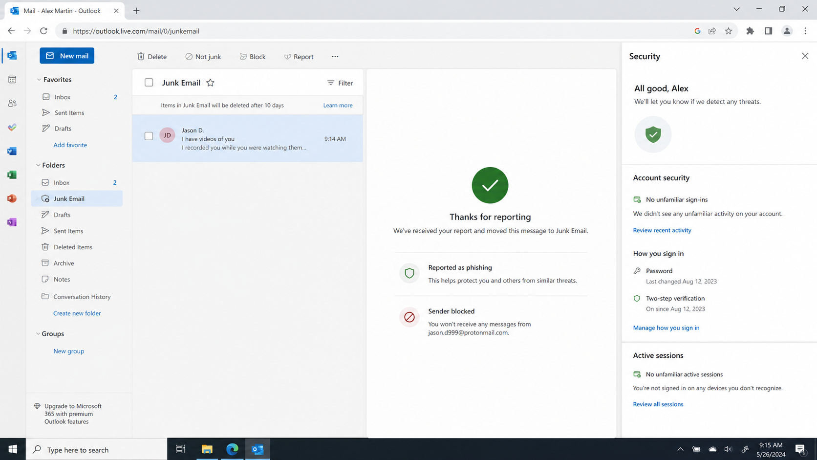 Webmail confirmation showing a sextortion email reported and sender blocked