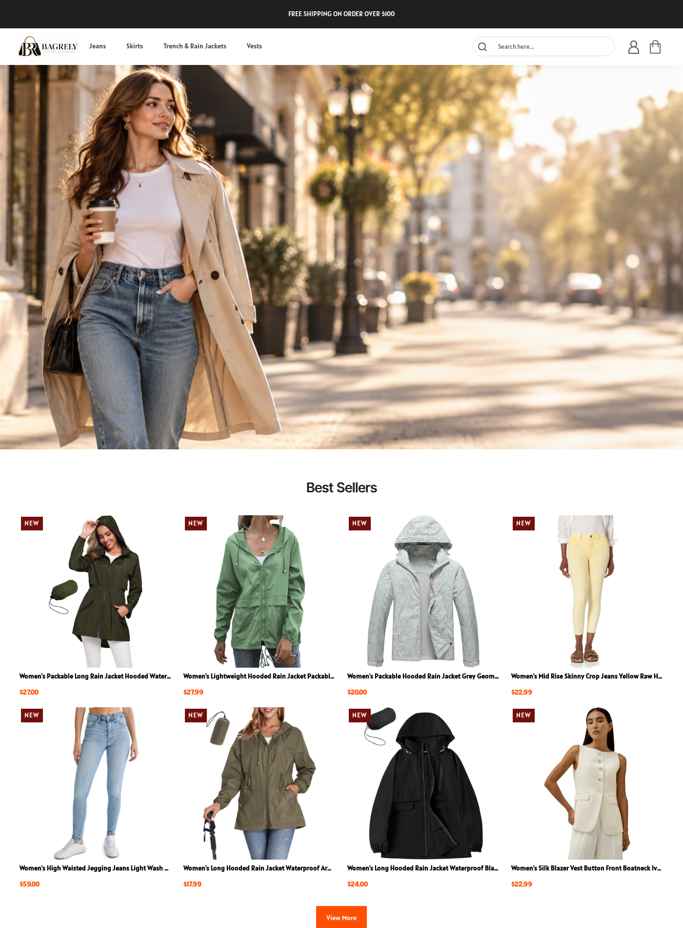 Bagrely homepage displaying generic clothing, new-item badges and free shipping above $100