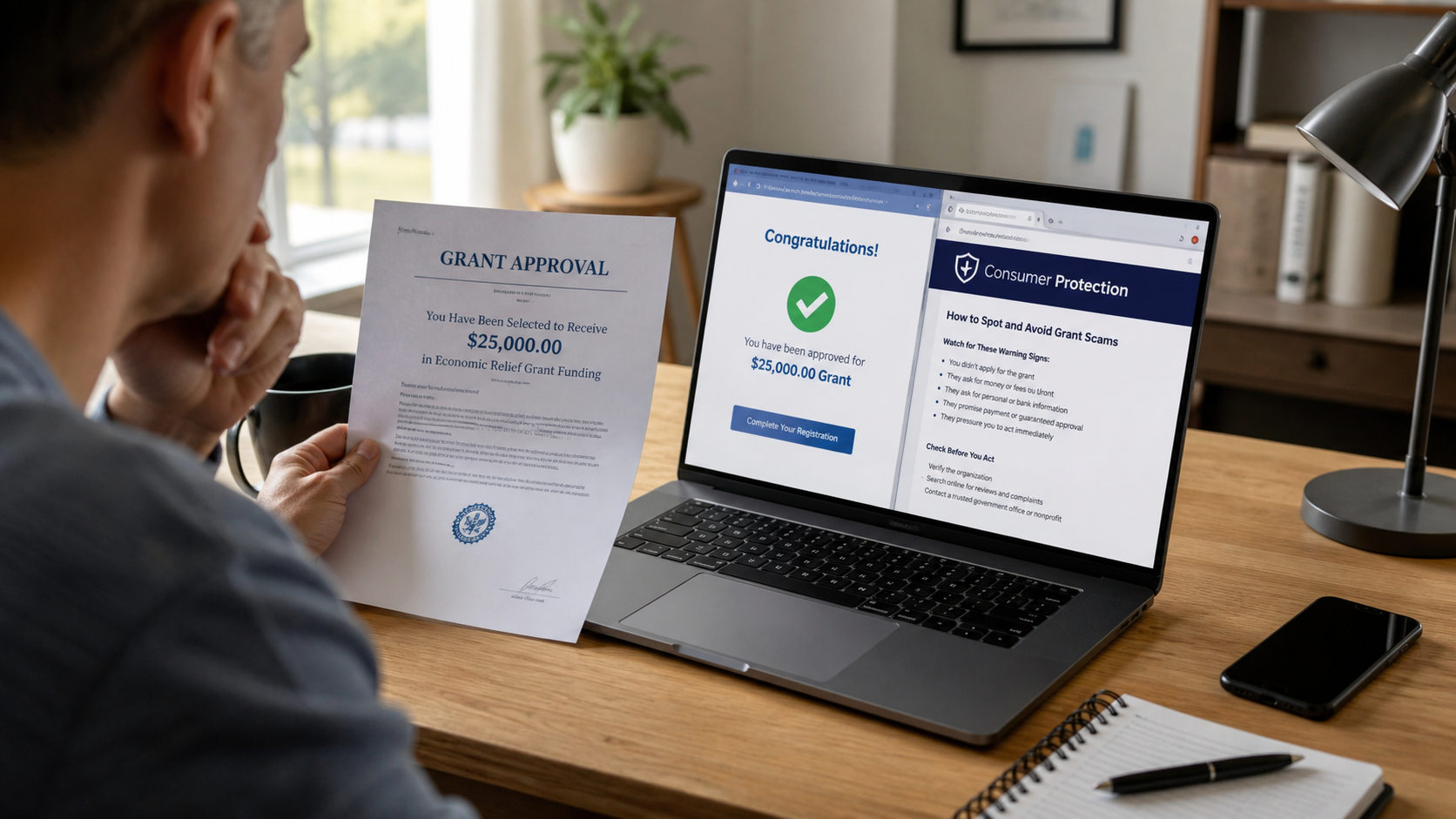 Recipient independently checking a suspicious foundation grant against the official Ballmer Group warning