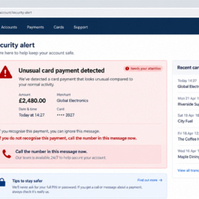 Reconstruction of a fake bank alert claiming an unusual card payment needs immediate attention