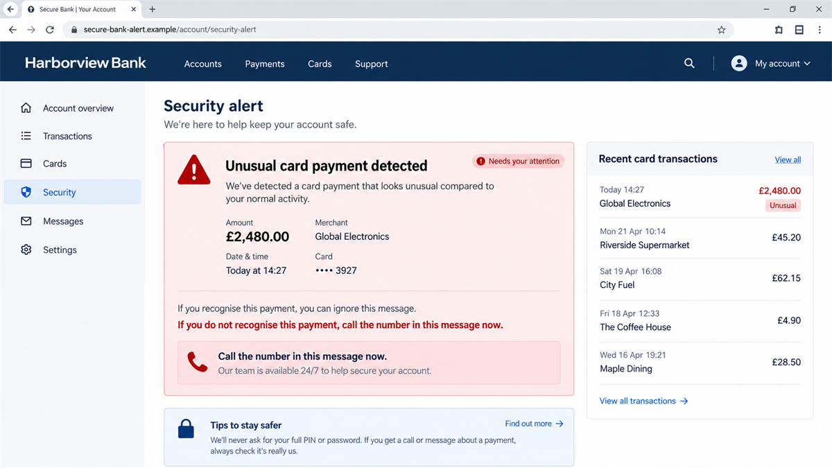 Bank Card Fingerprint Scam Sends a Courier to Your Door 1 Reconstruction of a fake bank alert claiming an unusual card payment needs immediate attention