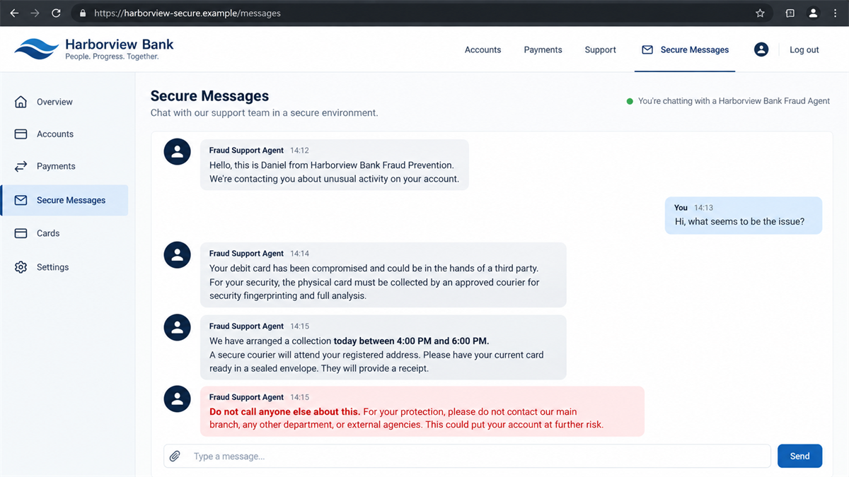 Bank Card Fingerprint Scam Sends a Courier to Your Door 2 Reconstruction of fake bank support arranging card collection for security fingerprinting