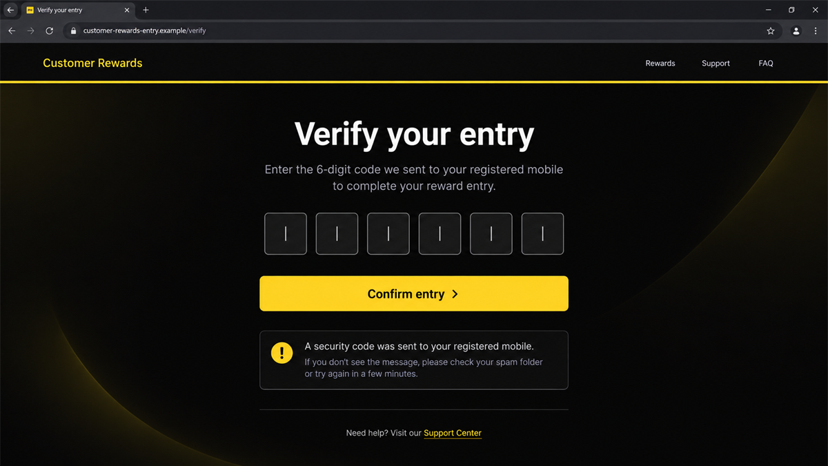 Fake banking verification screen requesting a one-time security code after a prize entry