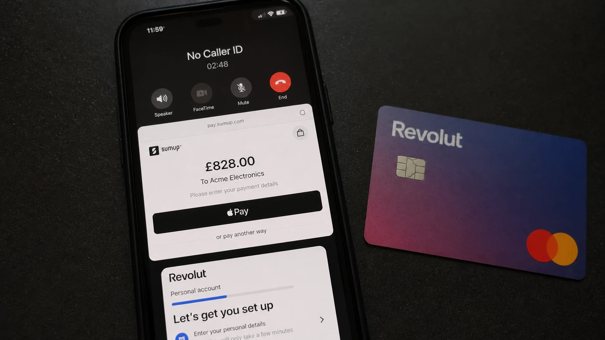 Realistic reconstruction of a No Caller ID call directing a Barclays customer to a SumUp payment and Revolut setup