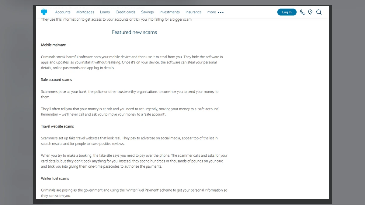 Authentic Barclays warning that the bank will never ask customers to move money to a safe account