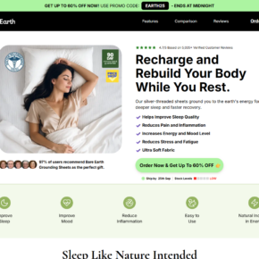 BareEarth Grounding Sheets sales page promoting sleep, pain, inflammation, energy, and mood benefits