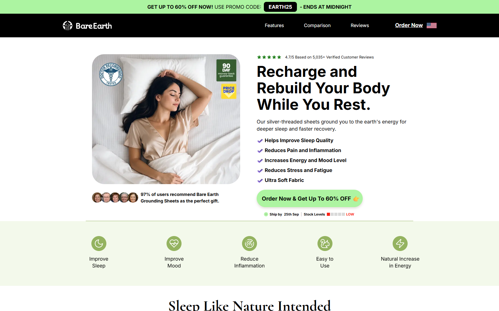 BareEarth Grounding Sheets Review: Health Claims and Refund Risks Exposed 1 BareEarth Grounding Sheets sales page promoting sleep, pain, inflammation, energy, and mood benefits
