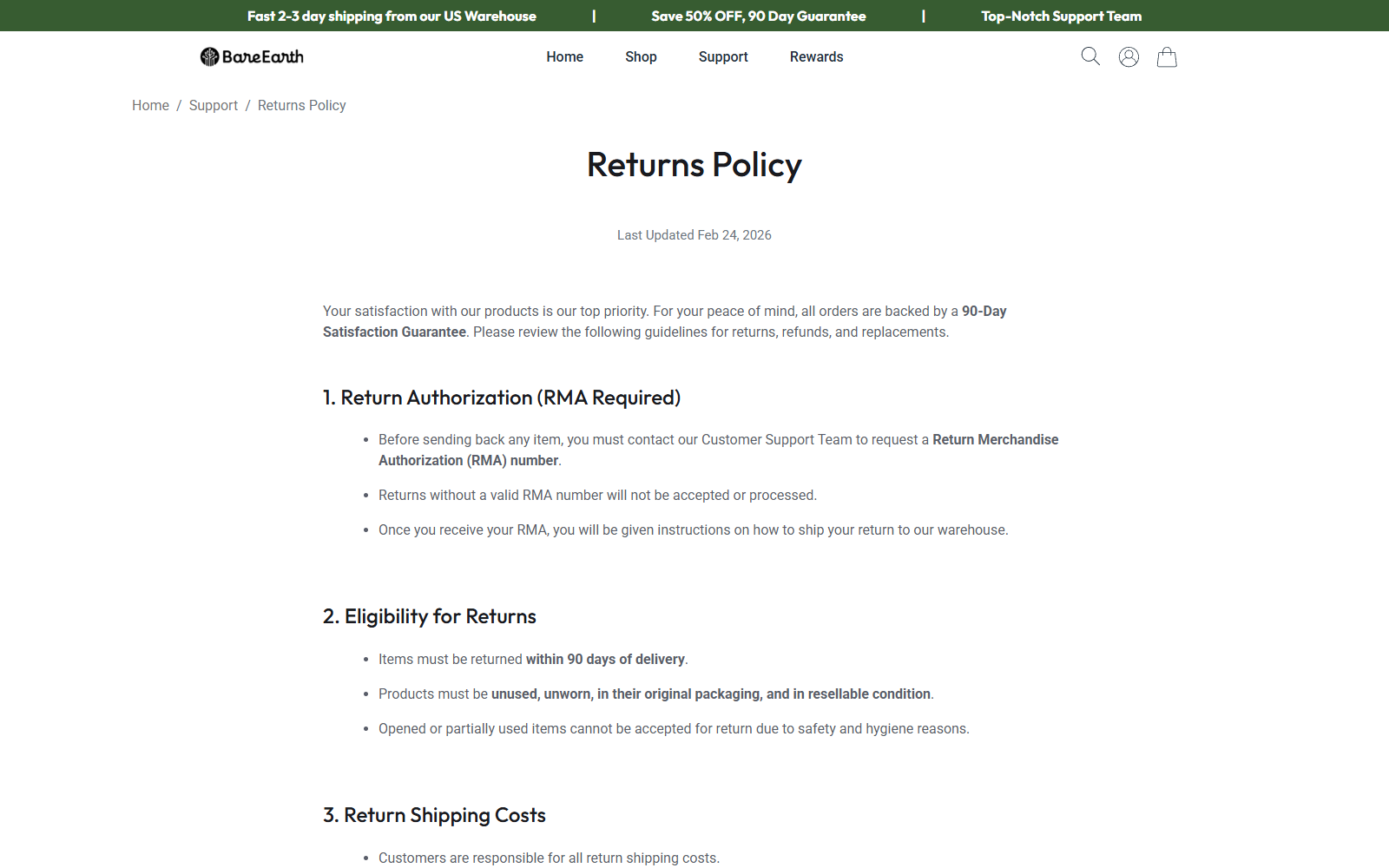BareEarth Grounding Sheets Review: Health Claims and Refund Risks Exposed 2 BareEarth returns policy requiring unused products, an RMA, customer-paid shipping, and possible restocking deductions
