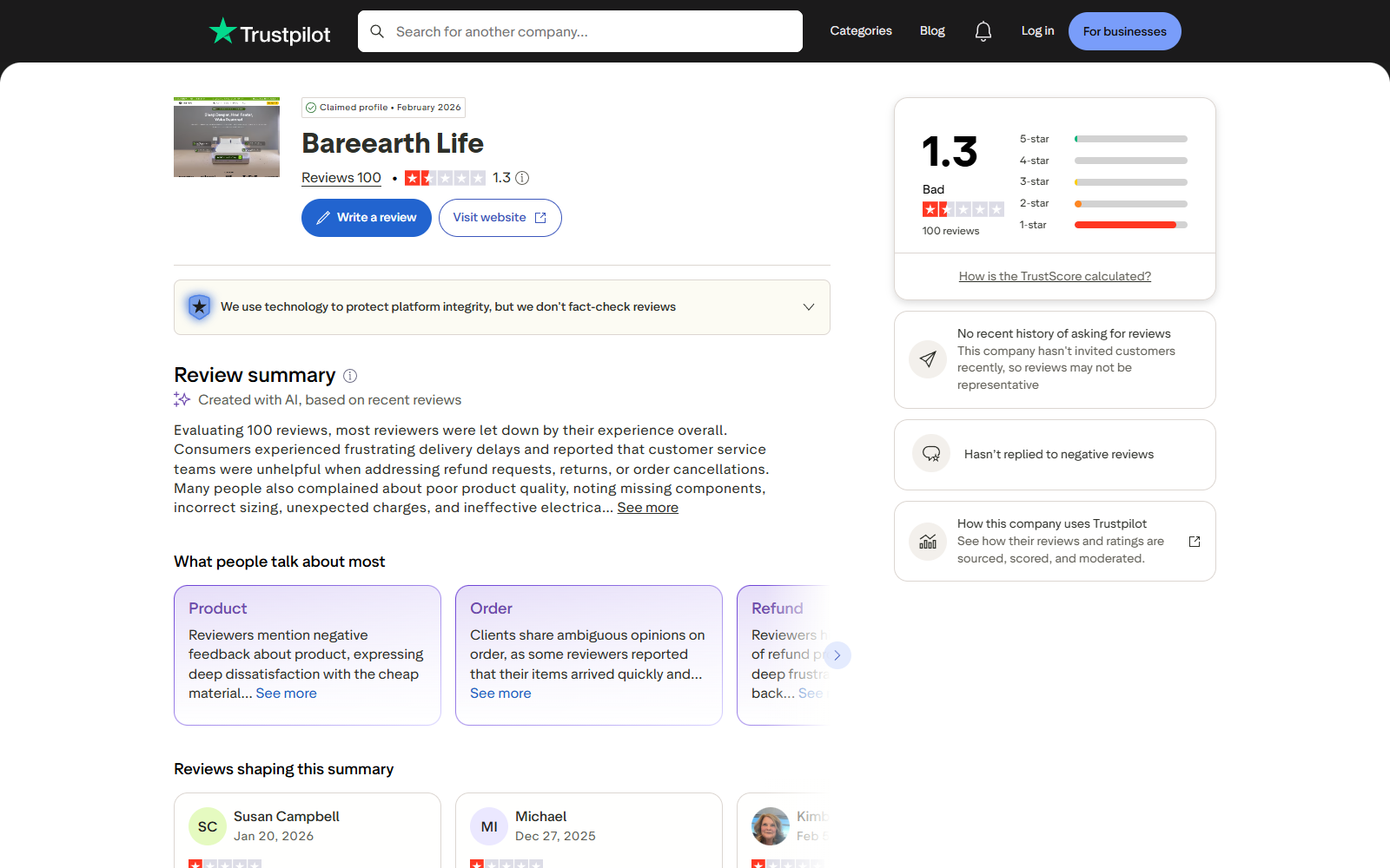 BareEarth Grounding Sheets Review: Health Claims and Refund Risks Exposed 3 Bareearth Life Trustpilot profile showing a low rating and customer concerns about products, orders, and refunds
