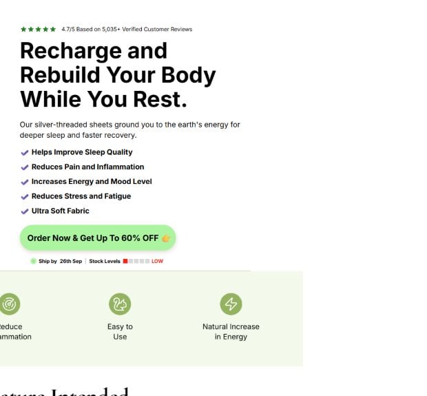 BareEarth Grounding Sheets Review: Health Claims and Return Risks Exposed 1 BareEarth Grounding Sheets page showing claims about sleep, pain, inflammation, energy, mood, stress, and fatigue