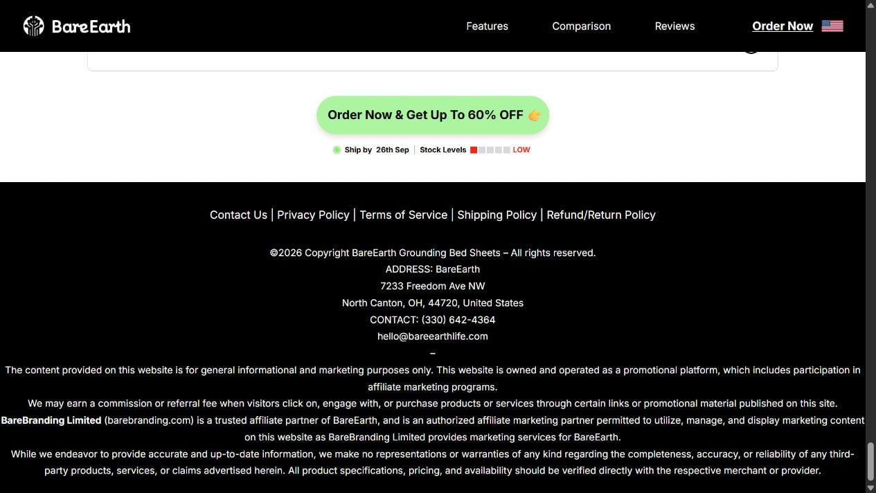 BareEarth Grounding Sheets Review: Health Claims and Return Risks Exposed 2 BareEarth footer identifying the page as an affiliate promotional platform and listing company contact details
