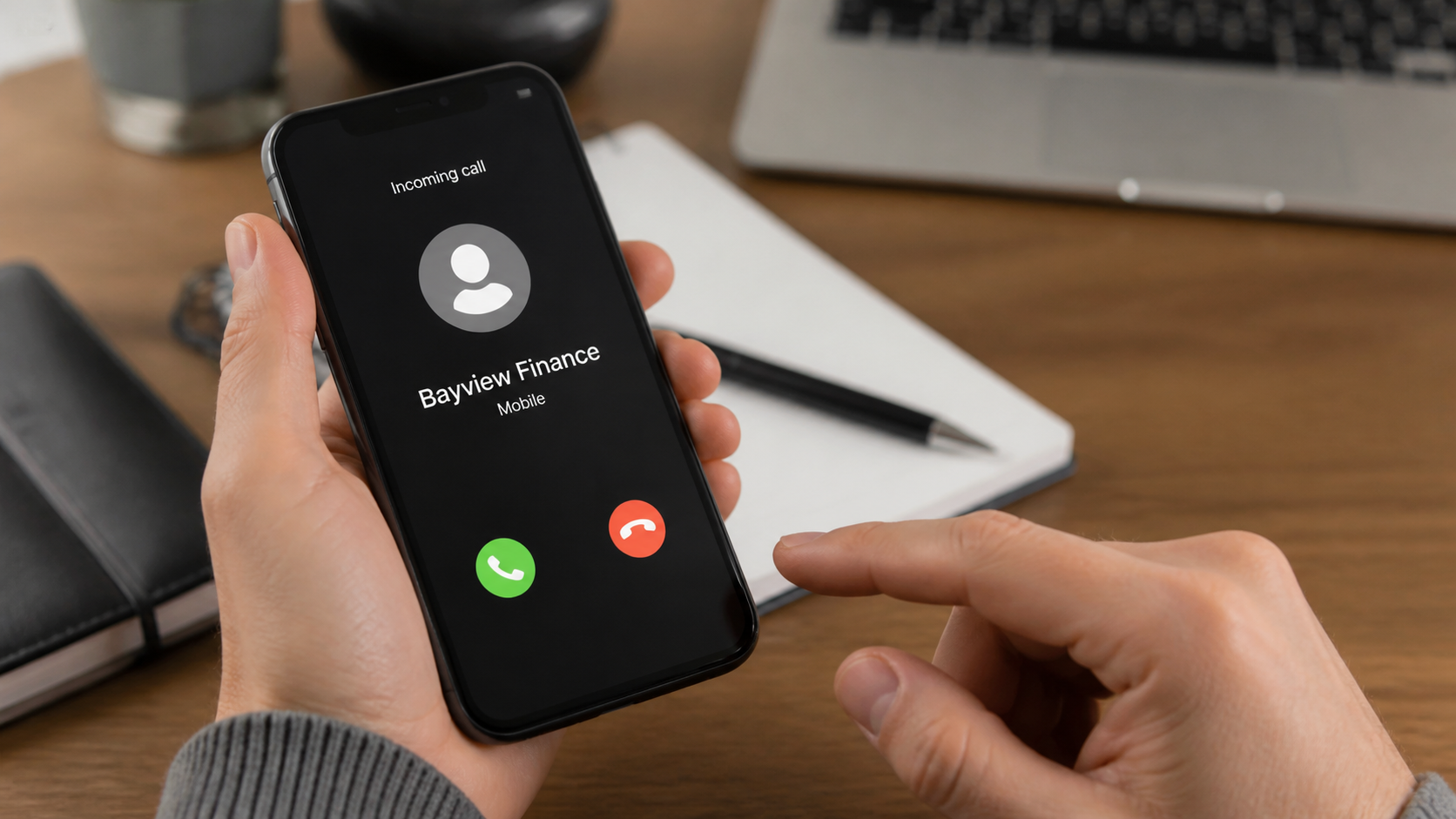 Realistic smartphone receiving a fake Bayview Finance loan underwriting call