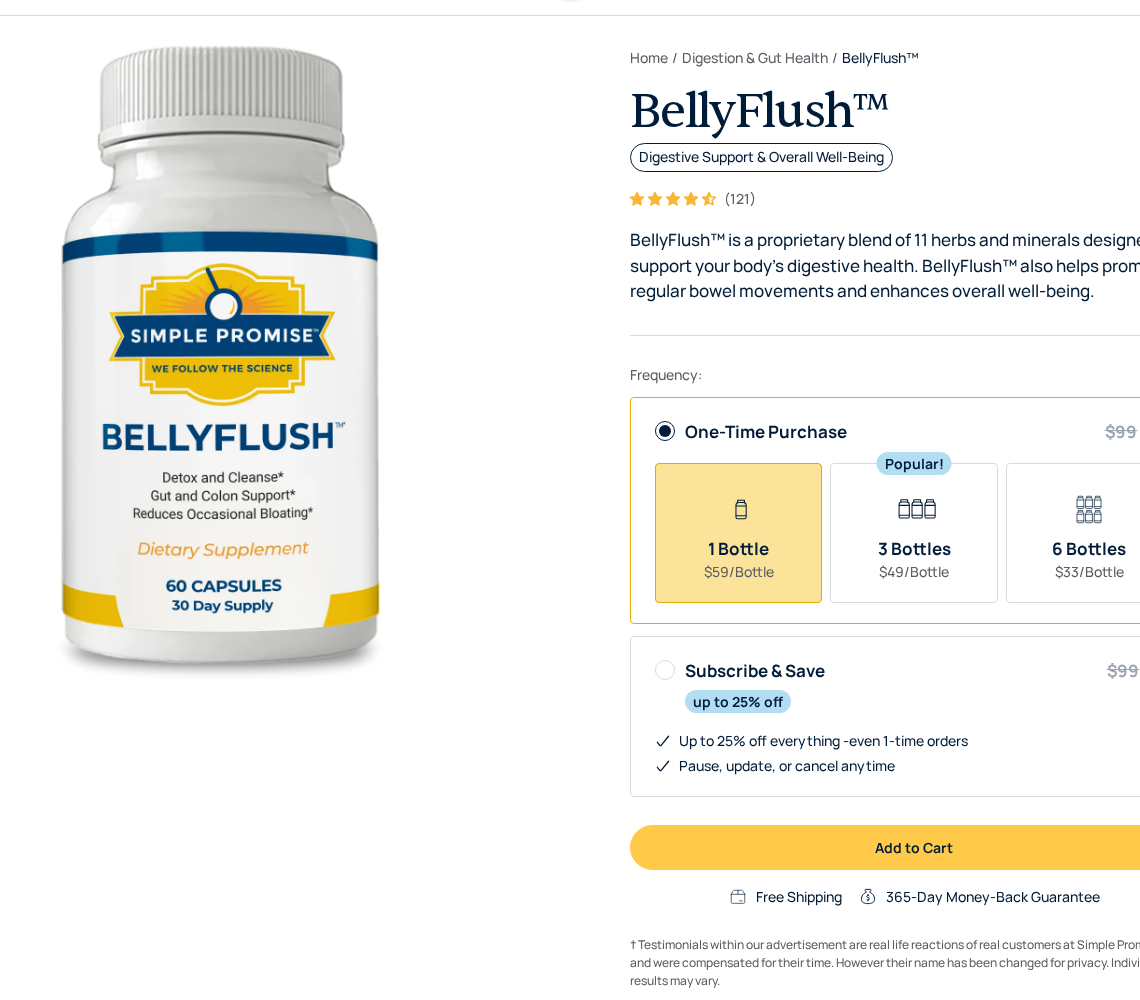 Official Simple Promise BellyFlush page showing one-time and Subscribe and Save purchase choices