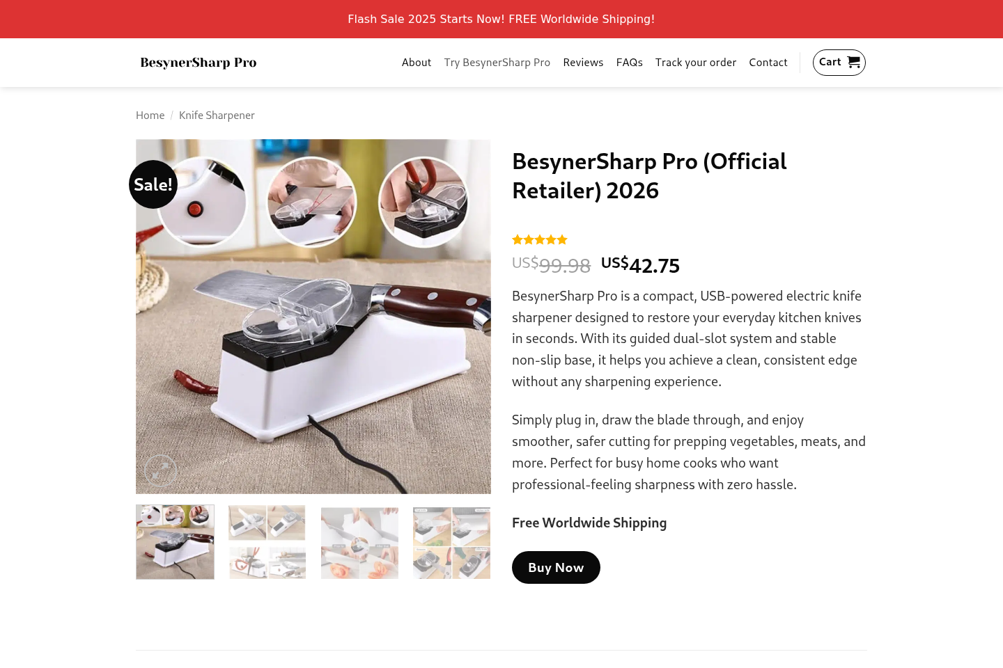 BesynerSharp Pro sales page displaying the USB electric knife sharpener and discount offer