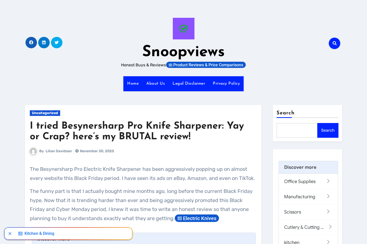 Independent BesynerSharp Pro review discussing the widely promoted knife sharpener